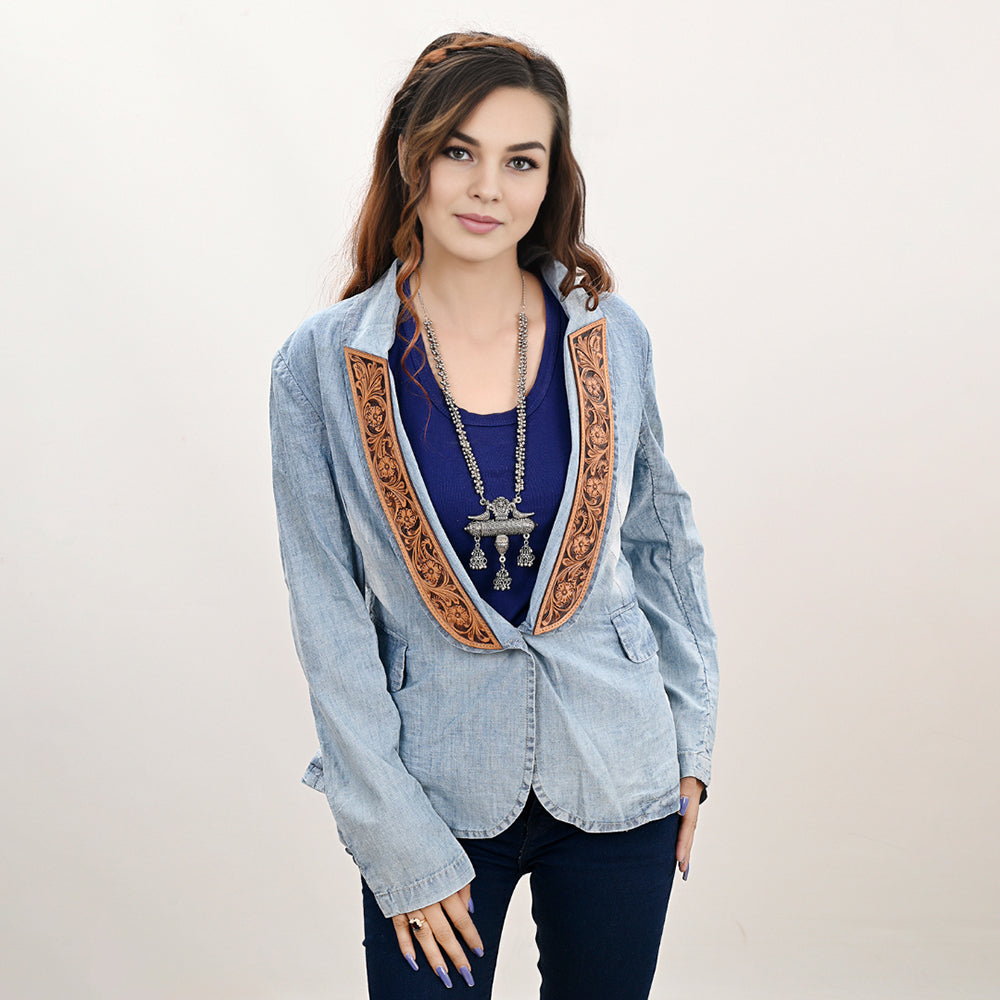 Genuine leather Hand tooled hand carved Women 100% cotton Denim Blazer dress jacket