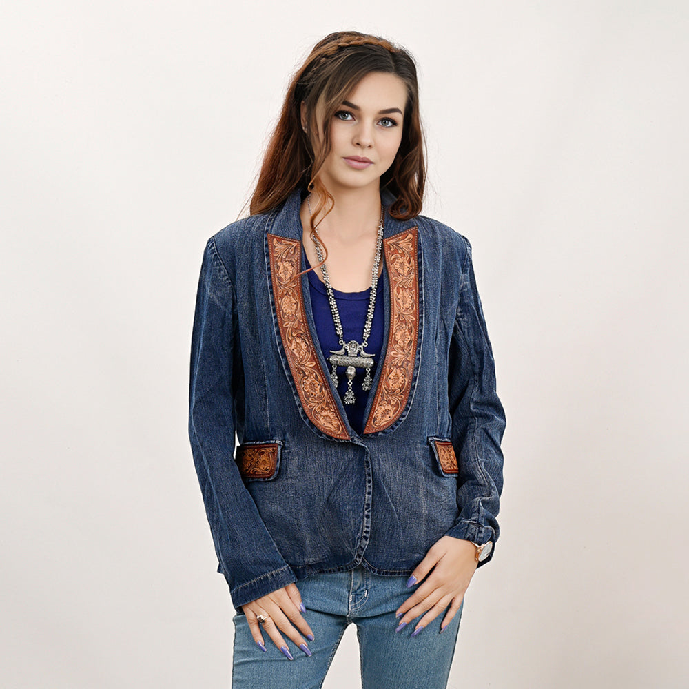Genuine leather Hand tooled hand carved Women 100% cotton Denim Blazer dress jacket