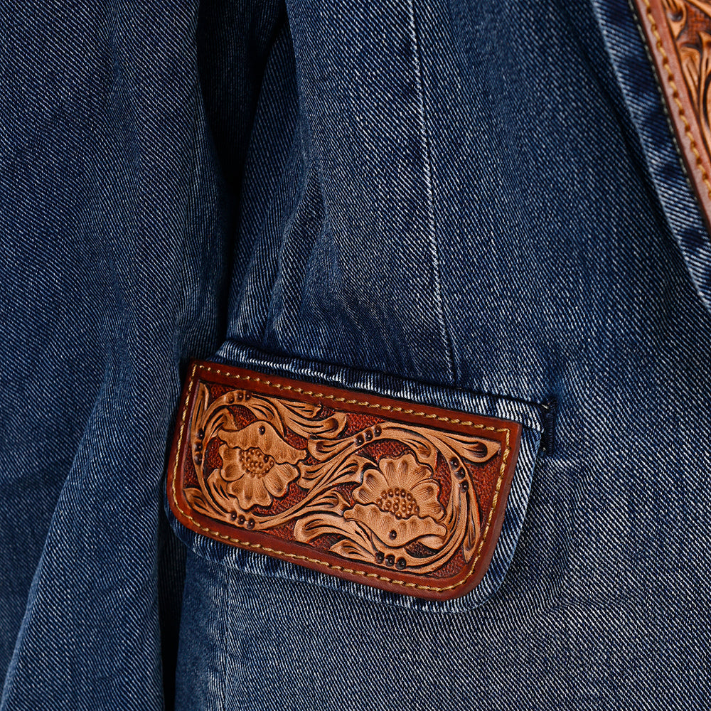 Genuine leather Hand tooled hand carved Women 100% cotton Denim Blazer dress jacket