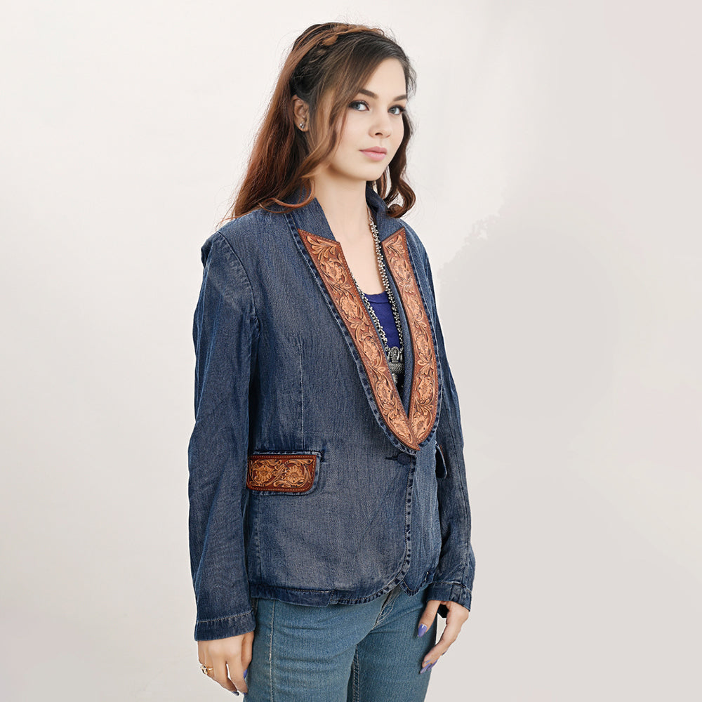 Genuine leather Hand tooled hand carved Women 100% cotton Denim Blazer dress jacket
