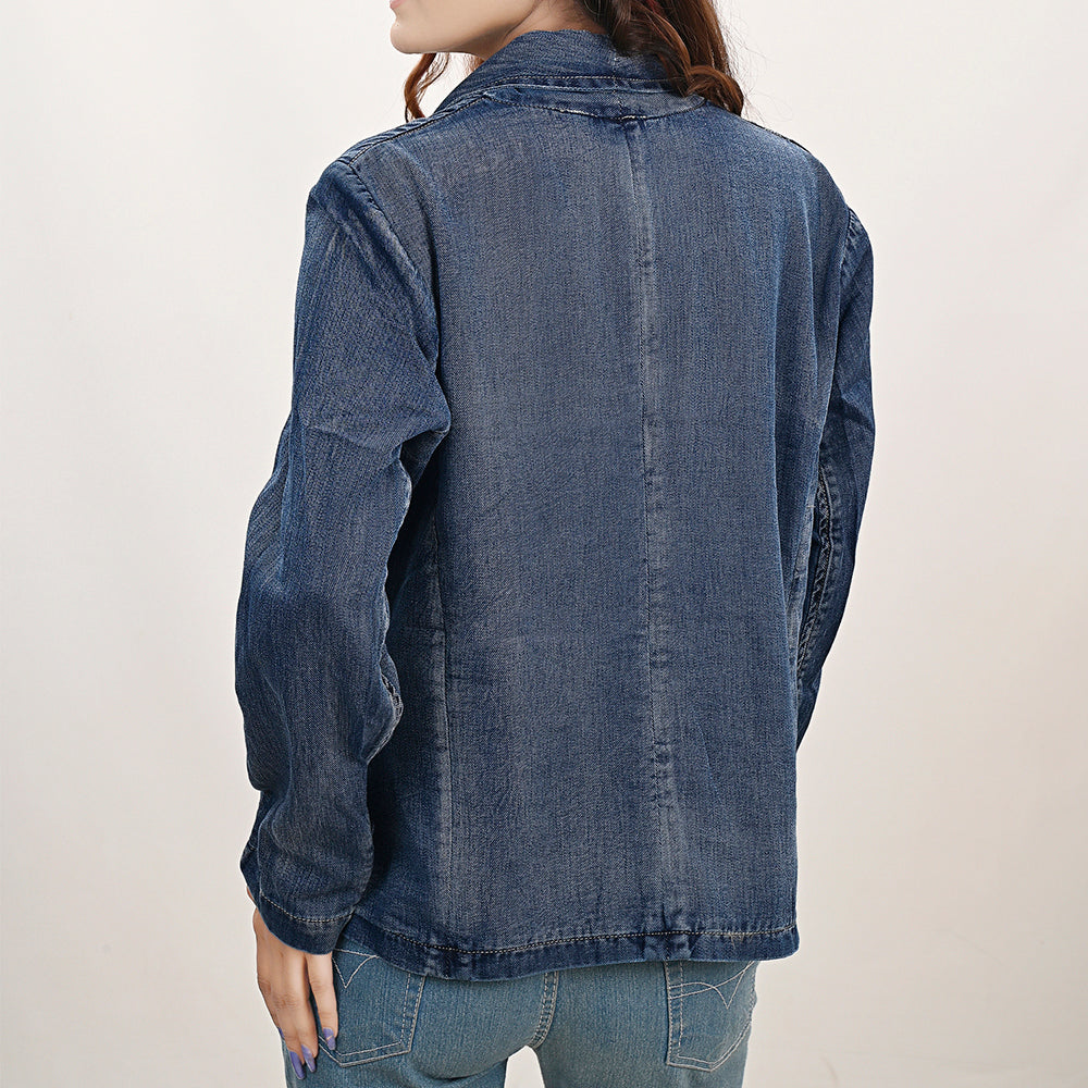 Genuine leather Hand tooled hand carved Women 100% cotton Denim Blazer dress jacket