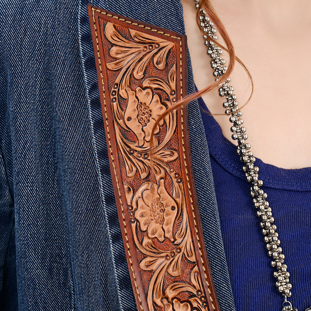 Genuine leather Hand tooled hand carved Women 100% cotton Denim Blazer dress jacket