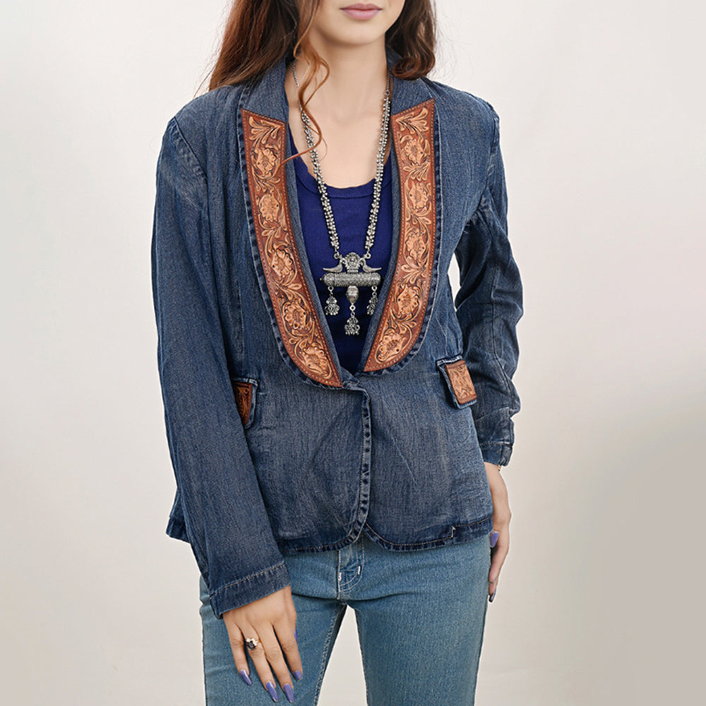 American Darling Genuine leather Hand tooled carved Women 100% cotton Denim Blazer dress jacket ladies |Vintage