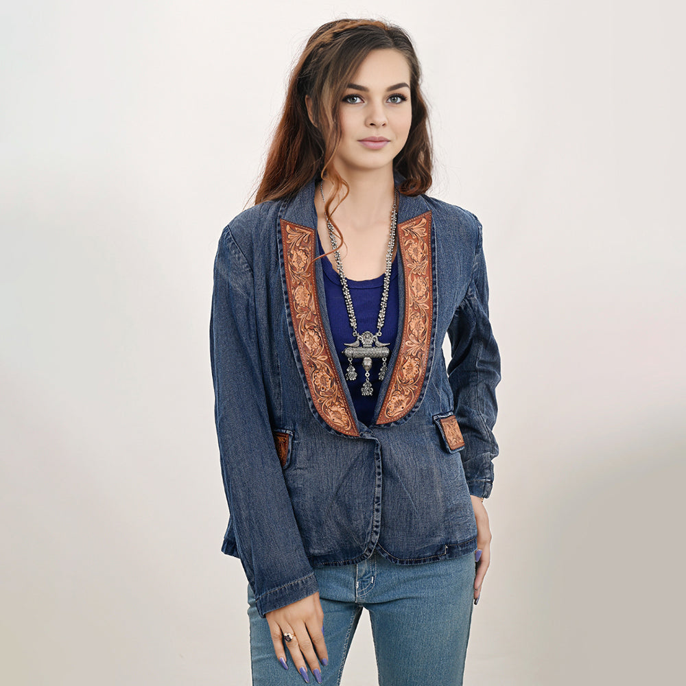 Genuine leather Hand tooled hand carved Women 100% cotton Denim Blazer dress jacket