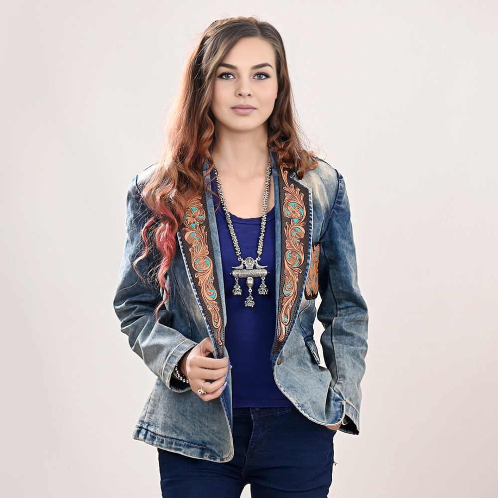 Genuine leather Hand tooled hand carved Women 100% cotton Denim Blazer dress jacket