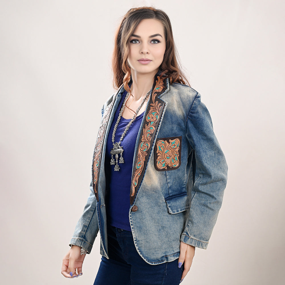 Genuine leather Hand tooled hand carved Women 100% cotton Denim Blazer dress jacket