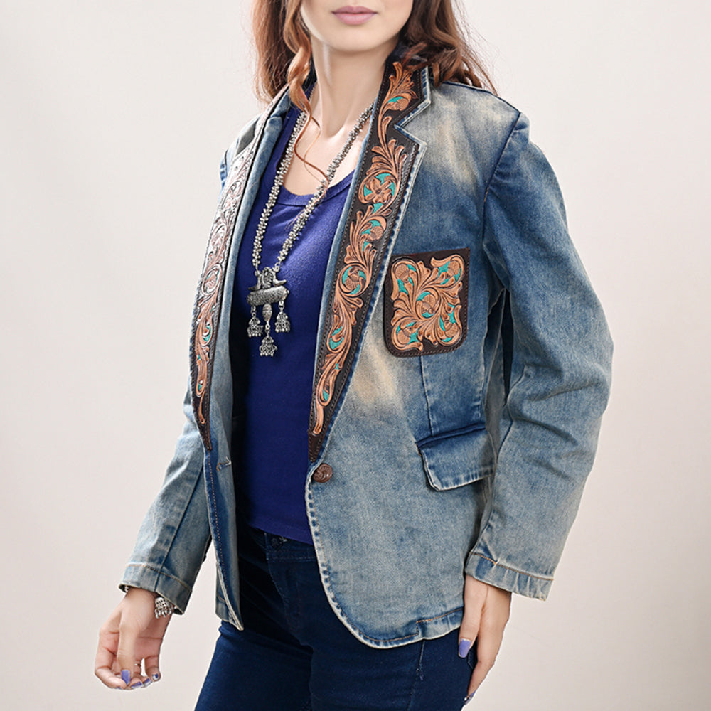 American Darling Genuine leather Hand tooled carved Women 100% cotton Denim Blazer dress jacket ladies |Vintage