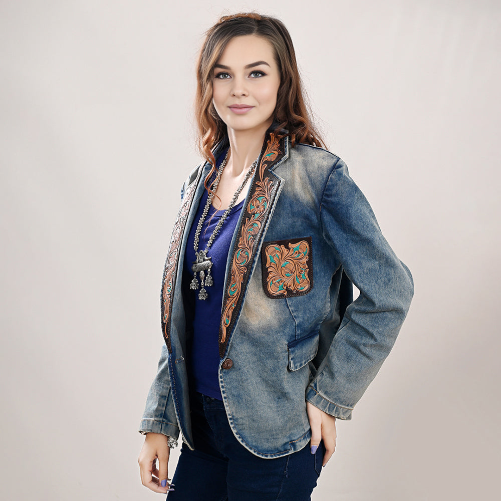Genuine leather Hand tooled hand carved Women 100% cotton Denim Blazer dress jacket
