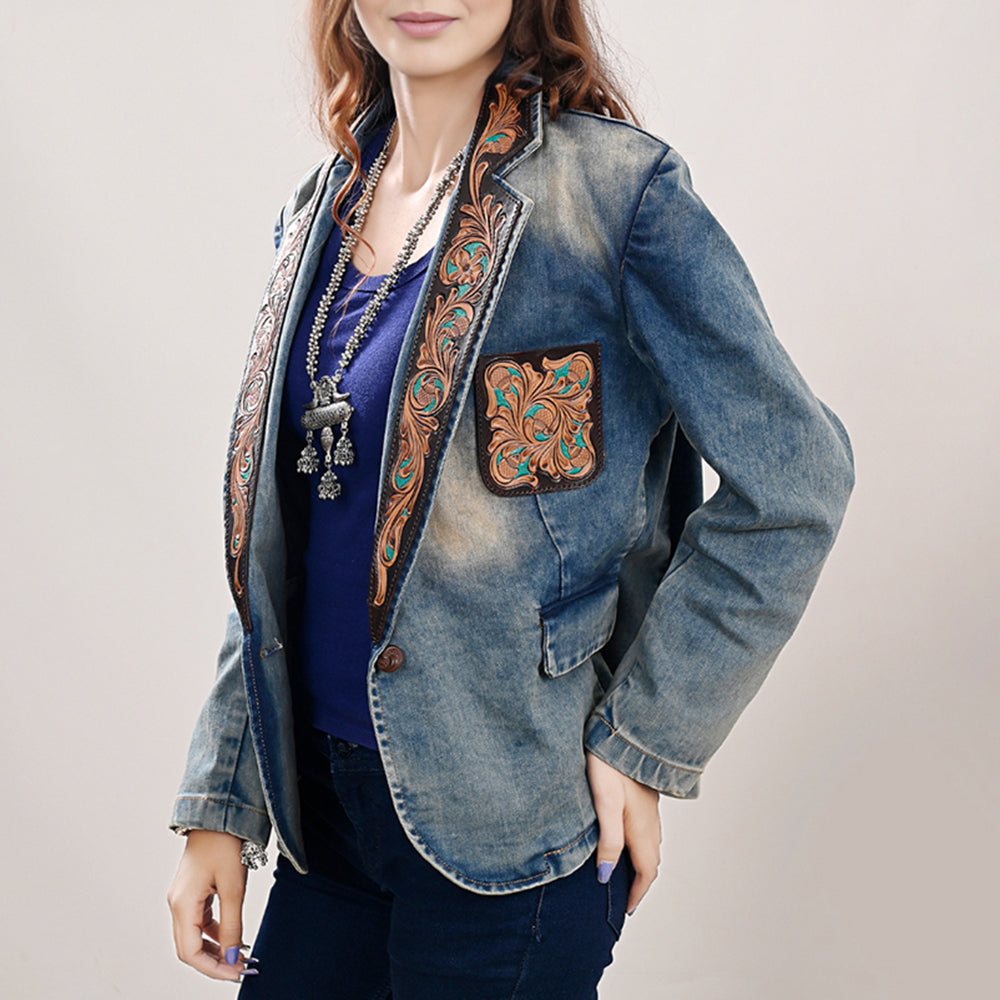American Darling Genuine leather Hand tooled carved Women 100% cotton Denim Blazer dress jacket ladies |Vintage