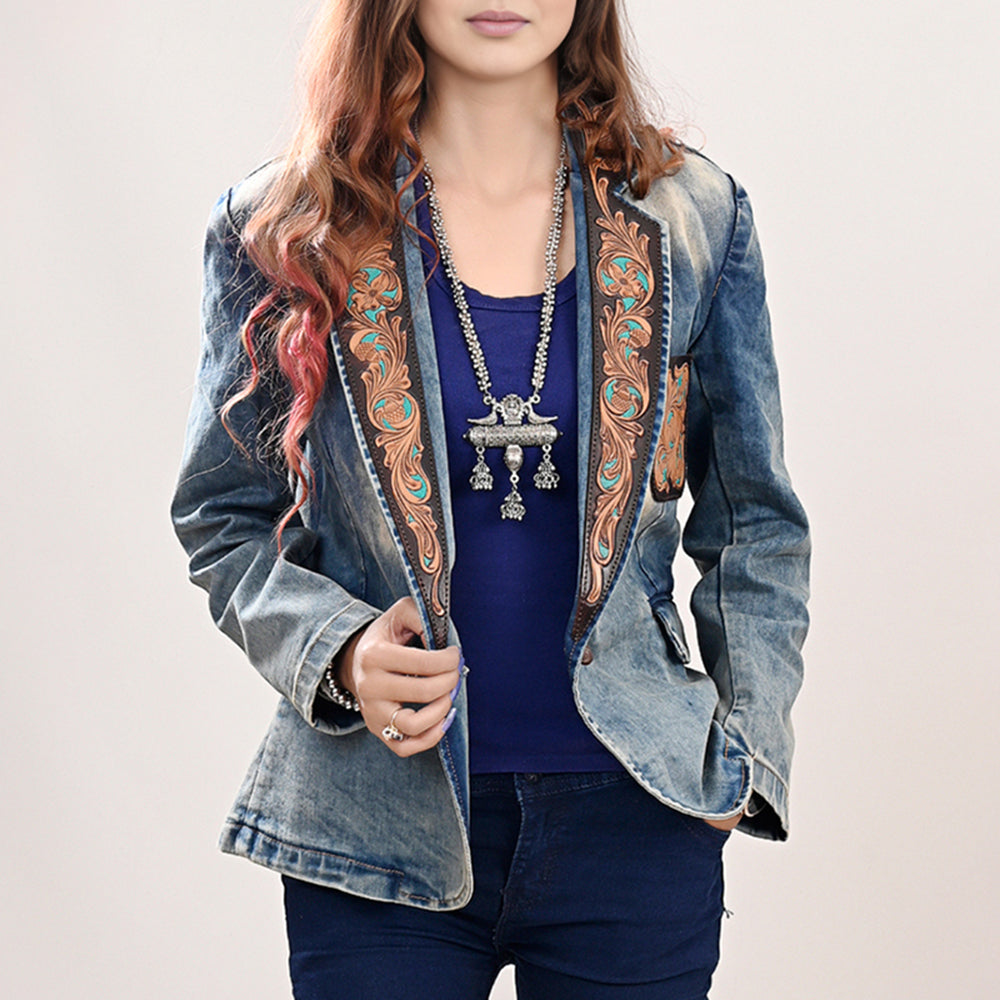 American Darling Genuine leather Hand tooled carved Women 100% cotton Denim Blazer dress jacket ladies |Vintage
