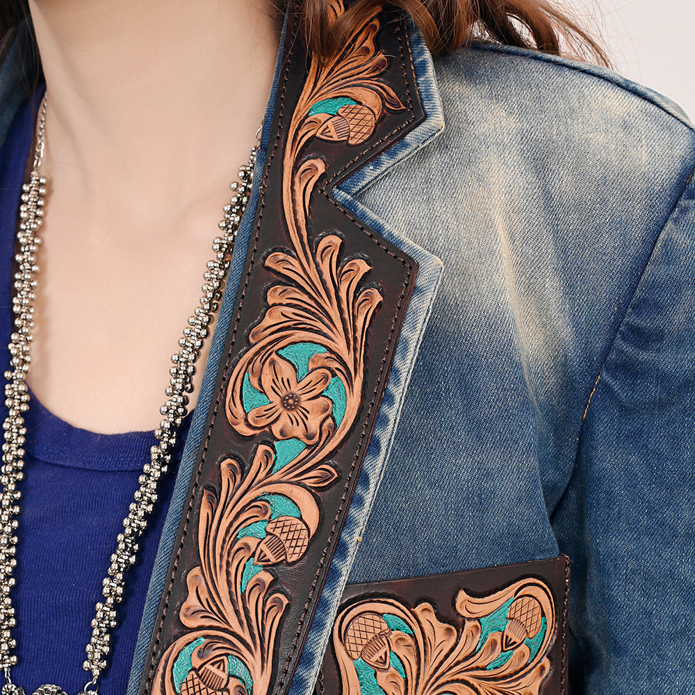 Genuine leather Hand tooled hand carved Women 100% cotton Denim Blazer dress jacket