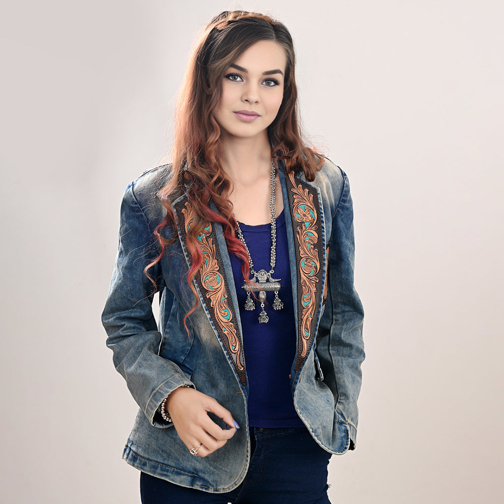 Genuine leather Hand tooled hand carved Women 100% cotton Denim Blazer dress jacket