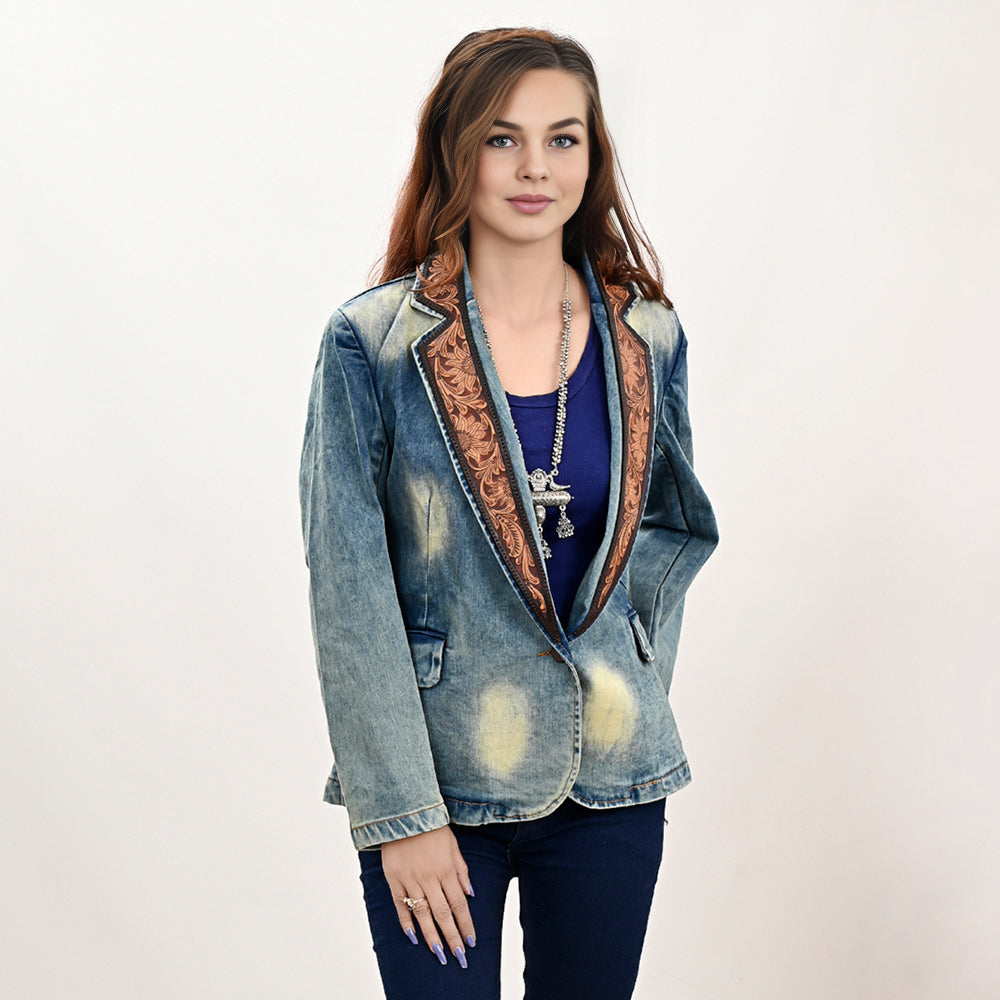 Genuine leather Hand tooled hand carved Women 100% cotton Denim Blazer dress jacket