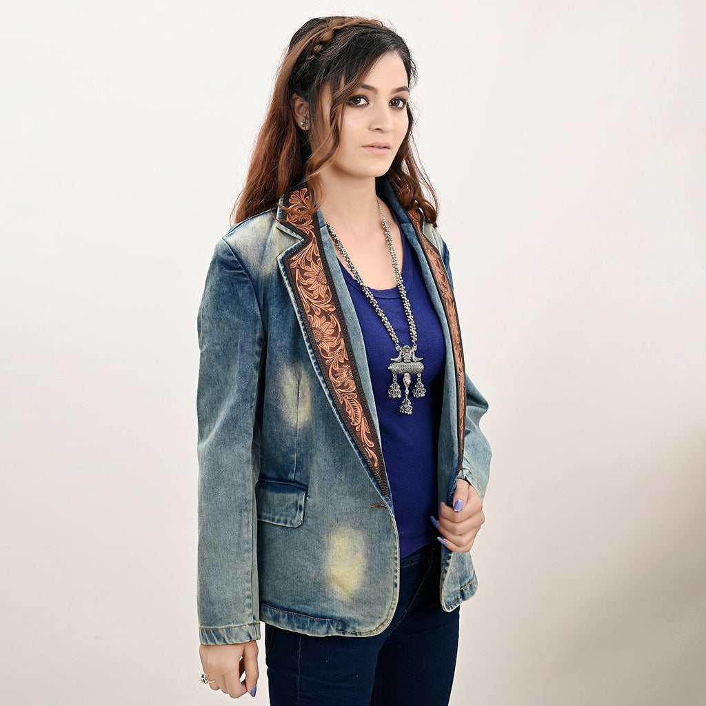 Genuine leather Hand tooled hand carved Women 100% cotton Denim Blazer dress jacket