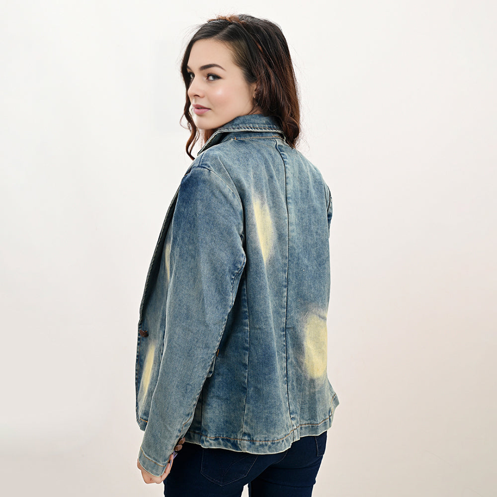 Genuine leather Hand tooled hand carved Women 100% cotton Denim Blazer dress jacket