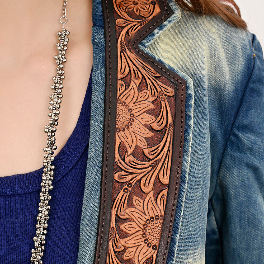 Genuine leather Hand tooled hand carved Women 100% cotton Denim Blazer dress jacket