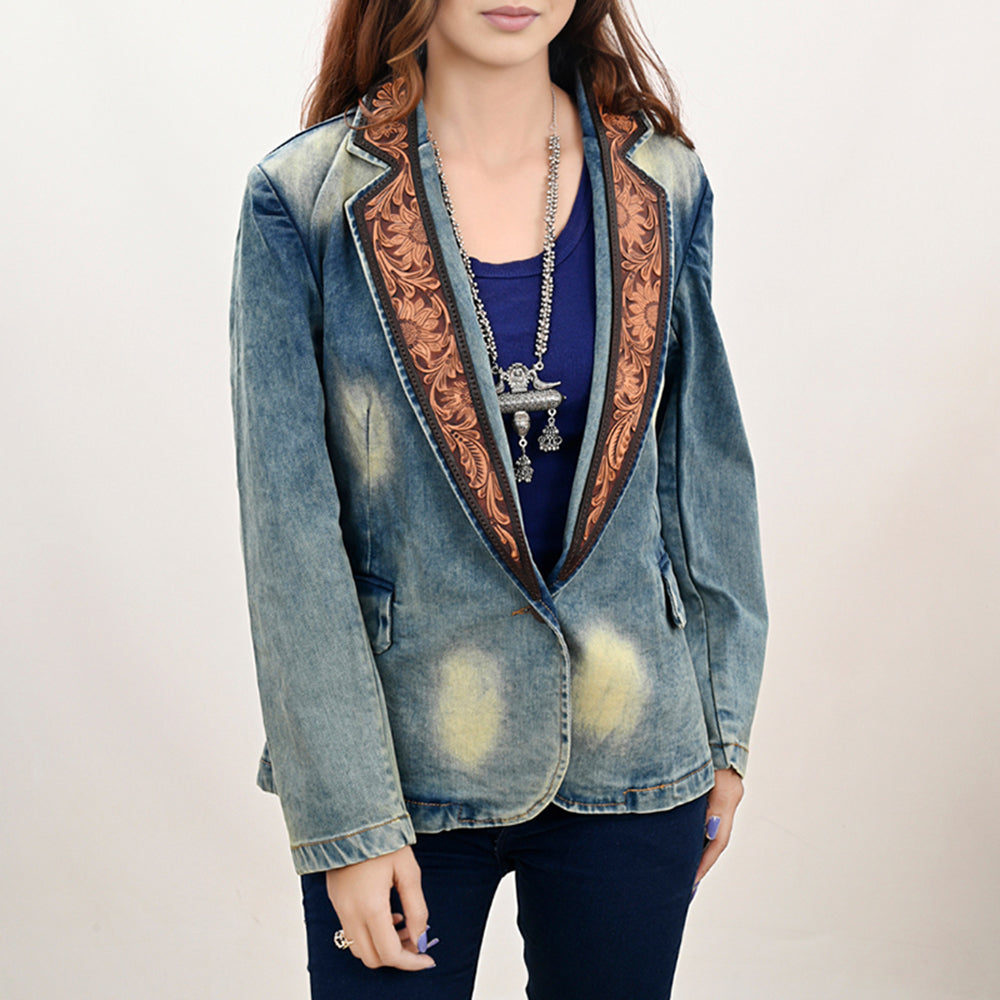 American Darling Genuine leather Hand tooled carved Women 100% cotton Denim Blazer dress jacket ladies |Vintage