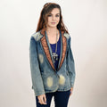 Genuine leather Hand tooled hand carved Women 100% cotton Denim Blazer dress jacket