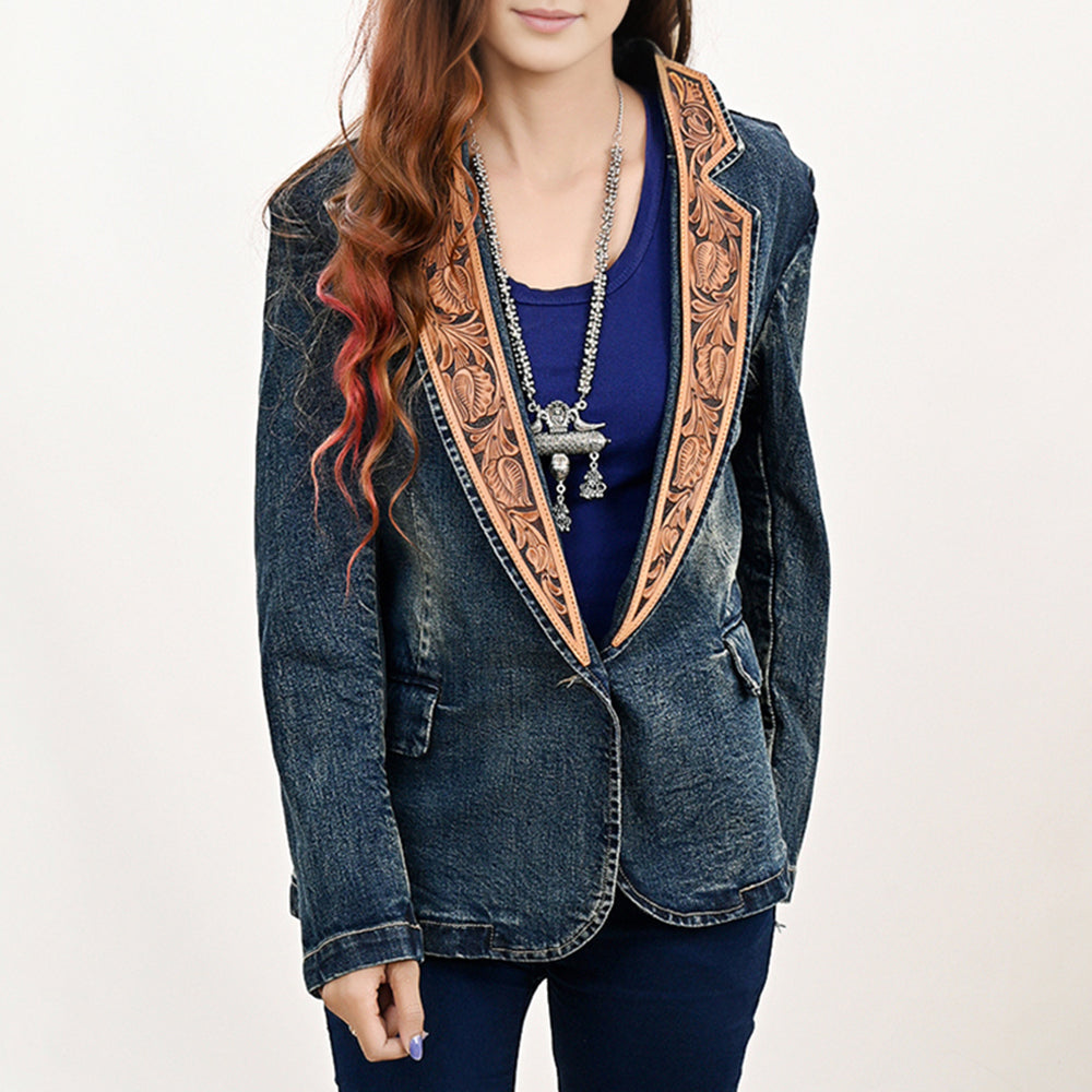 American Darling Genuine leather Hand tooled carved Women 100% cotton Denim Blazer dress jacket ladies |Vintage