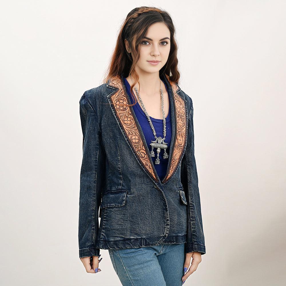 Genuine leather Hand tooled hand carved Women 100% cotton Denim Blazer dress jacket