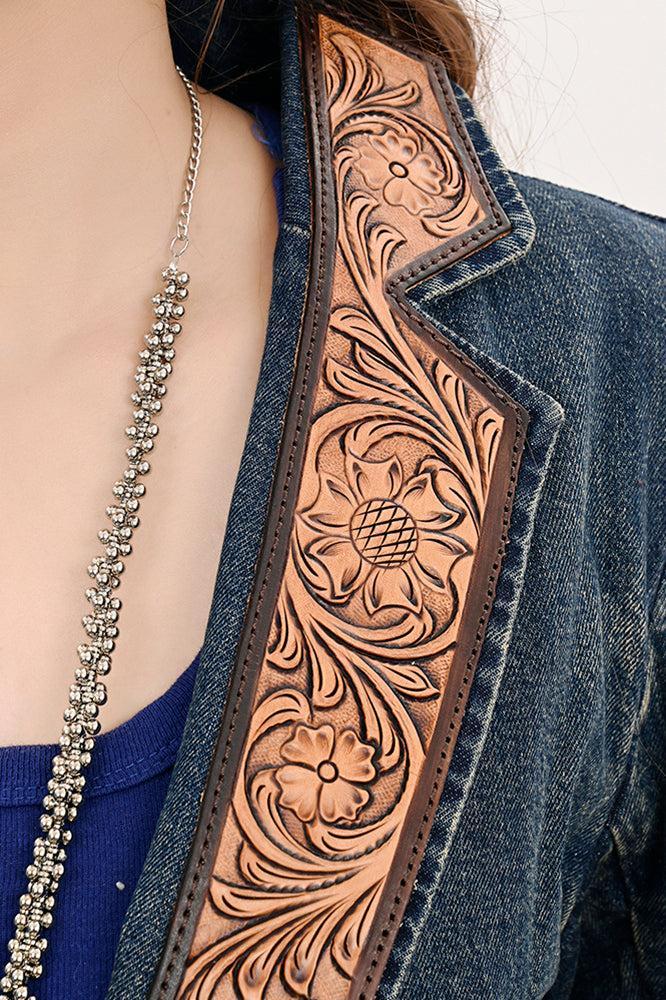 Genuine leather Hand tooled hand carved Women 100% cotton Denim Blazer dress jacket