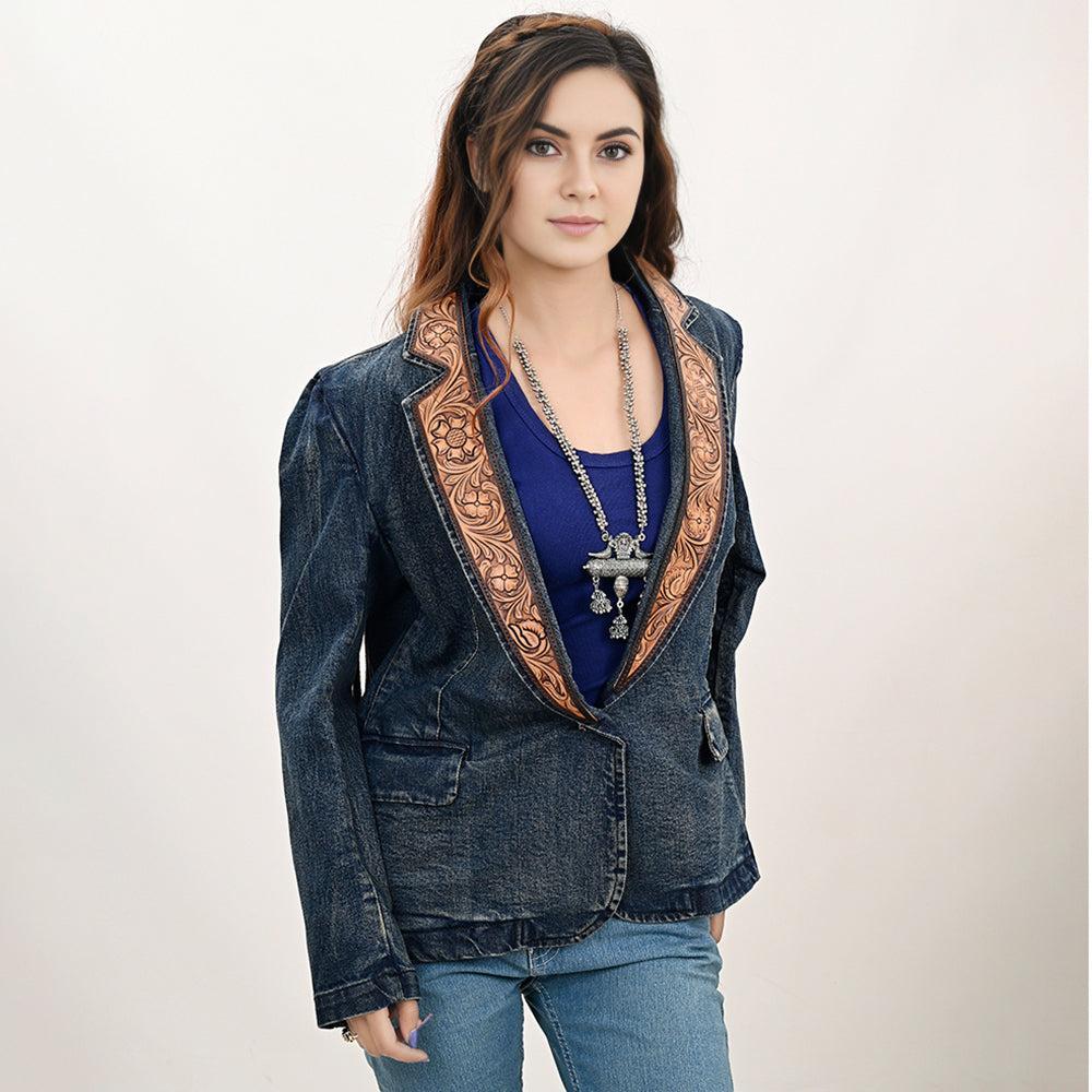 Genuine leather Hand tooled hand carved Women 100% cotton Denim Blazer dress jacket