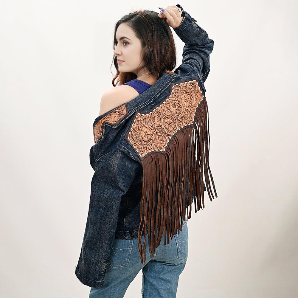 Genuine leather Hand tooled hand carved Women 100% cotton Denim Blazer dress jacket