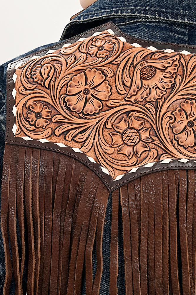 Genuine leather Hand tooled hand carved Women 100% cotton Denim Blazer dress jacket