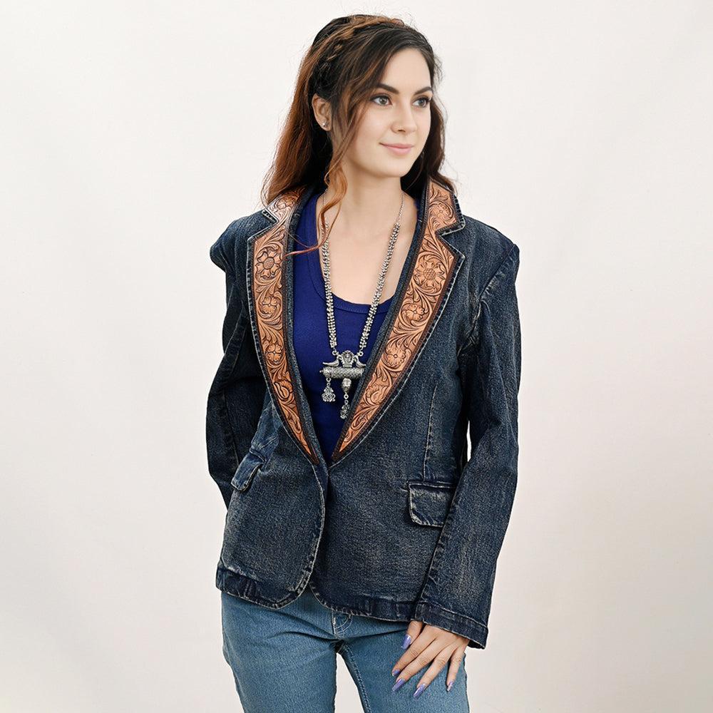 Genuine leather Hand tooled hand carved Women 100% cotton Denim Blazer dress jacket