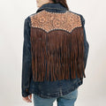 Genuine leather Hand tooled hand carved Women 100% cotton Denim Blazer dress jacket