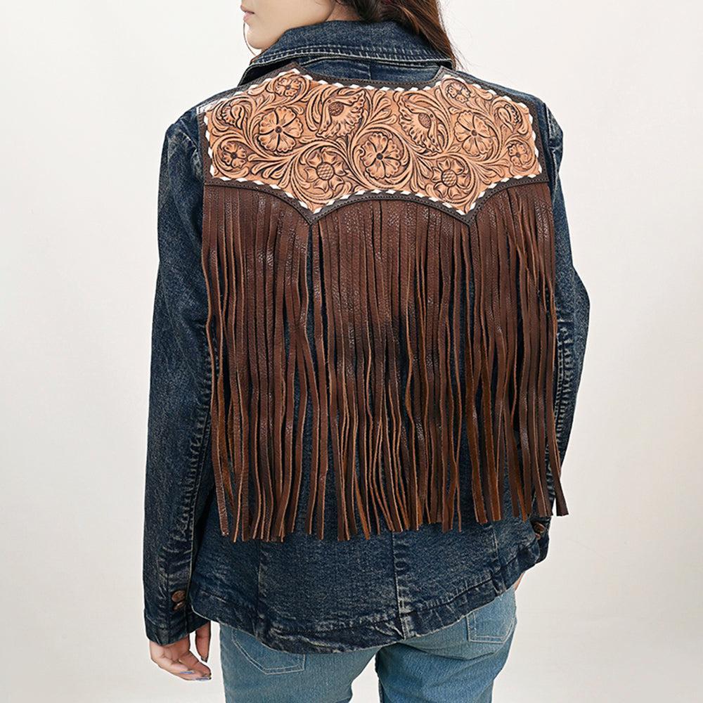 Genuine leather Hand tooled hand carved Women 100% cotton Denim Blazer dress jacket