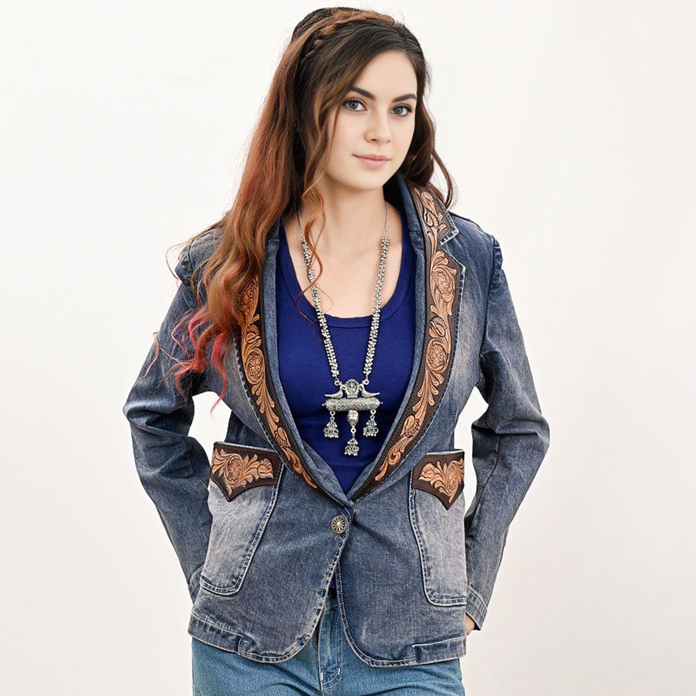 Genuine leather Hand tooled hand carved Women 100% cotton Denim Blazer dress jacket
