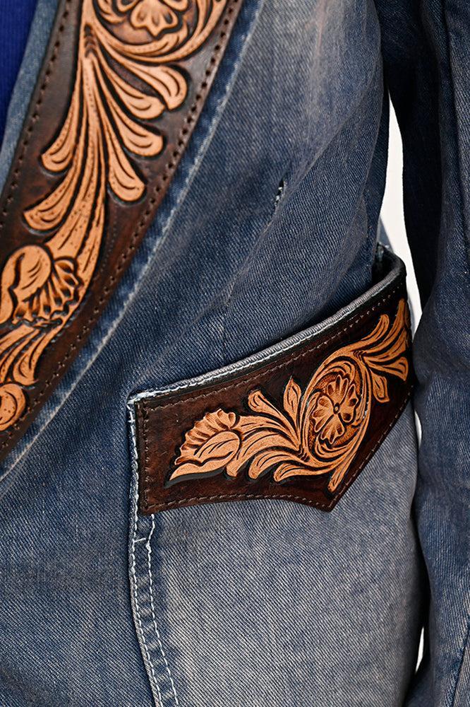 Genuine leather Hand tooled hand carved Women 100% cotton Denim Blazer dress jacket
