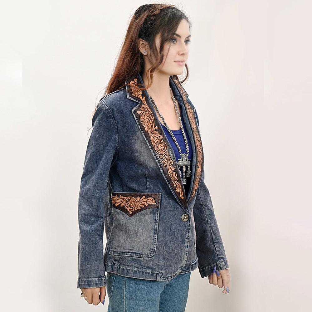 Genuine leather Hand tooled hand carved Women 100% cotton Denim Blazer dress jacket