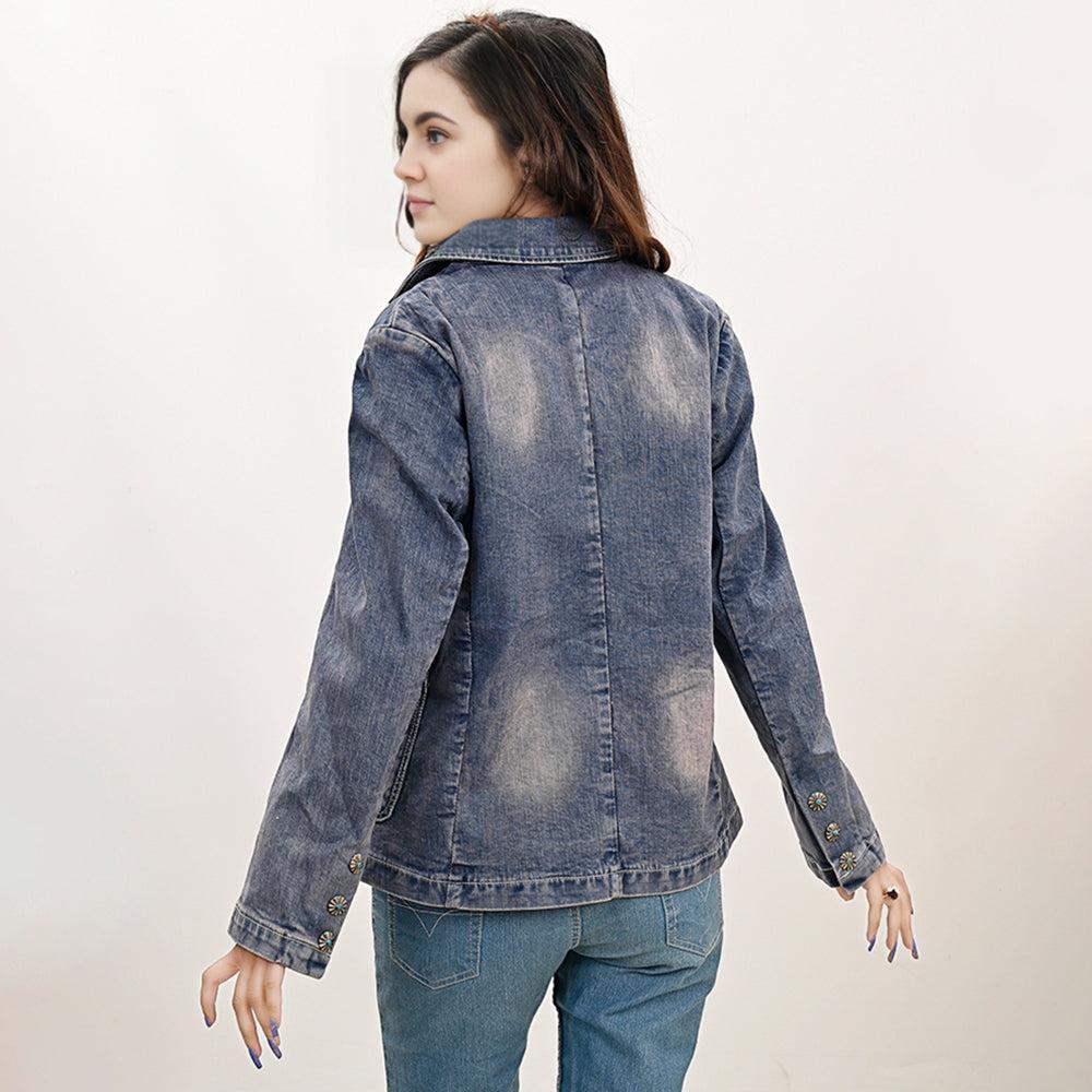 Genuine leather Hand tooled hand carved Women 100% cotton Denim Blazer dress jacket
