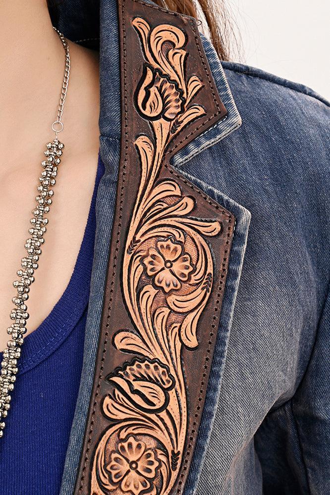 Genuine leather Hand tooled hand carved Women 100% cotton Denim Blazer dress jacket