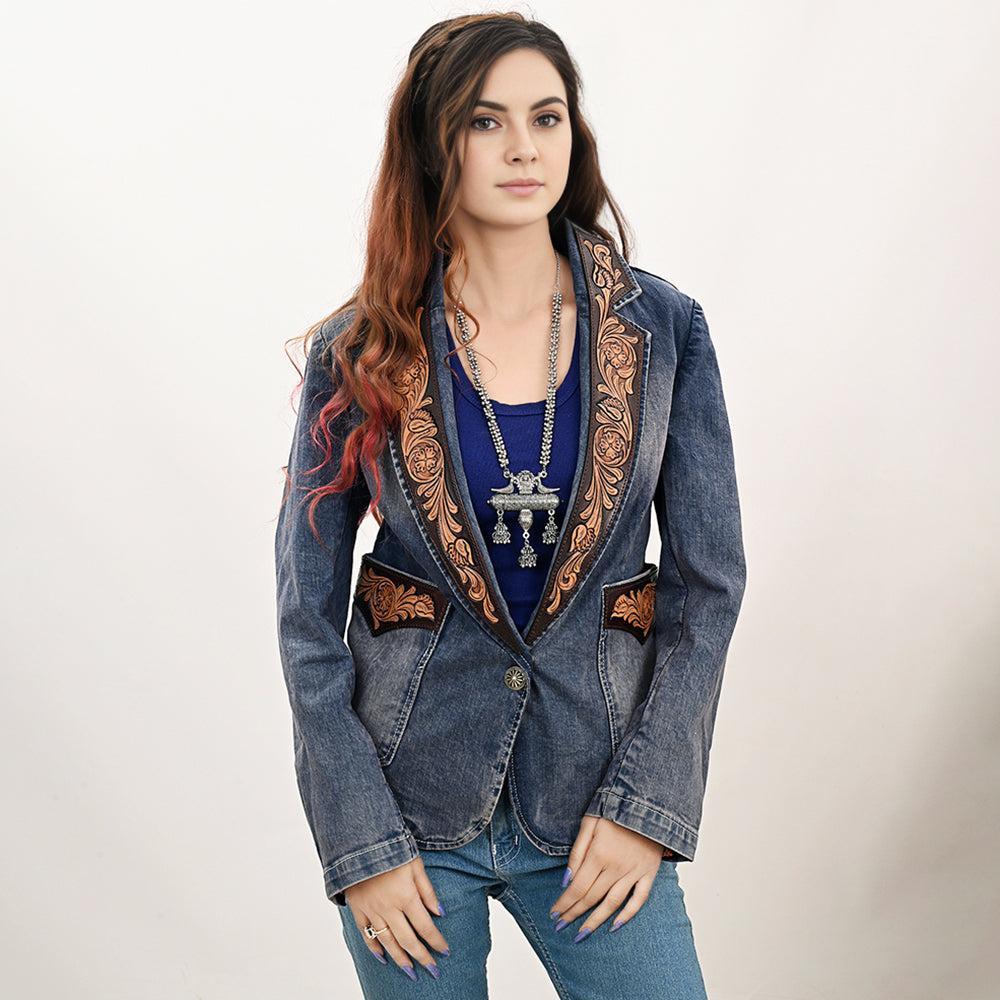 Genuine leather Hand tooled hand carved Women 100% cotton Denim Blazer dress jacket