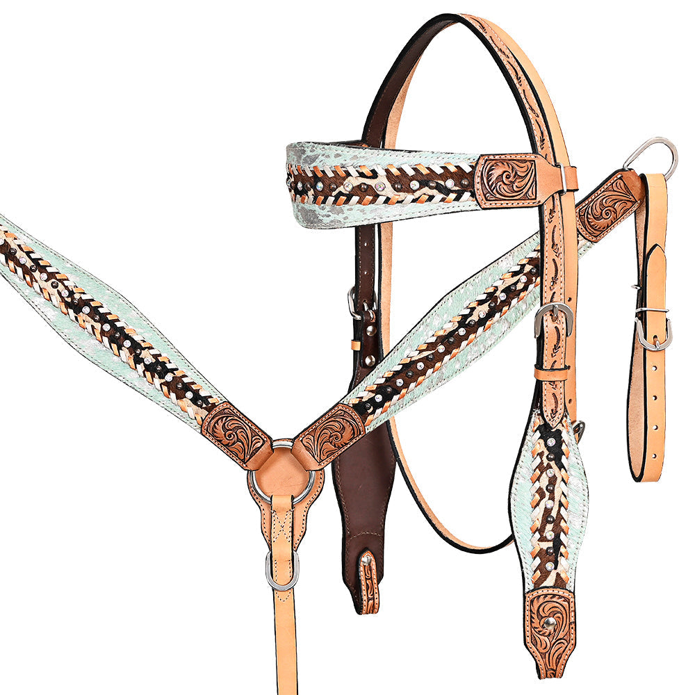 HILASON Western Horse Headstall Breast Collar Hairon Leather Tan