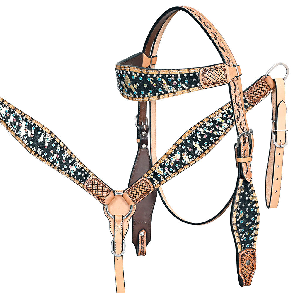 HILASON Western Horse Headstall Breast Collar Hairon Leather Tan