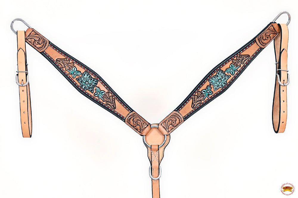 HILASON Western Horse Floral Headstall Breast Collar Set American Leather Tan with Turquoise | Tack for Horses