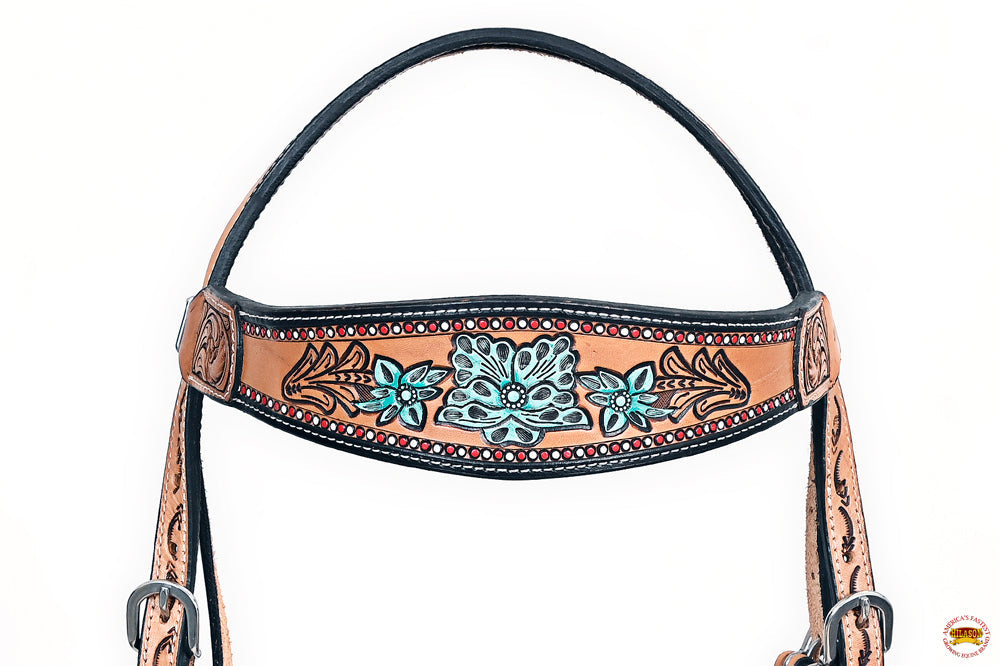 HILASON Western Horse Floral Headstall Breast Collar Set American Leather Tan with Turquoise | Tack for Horses