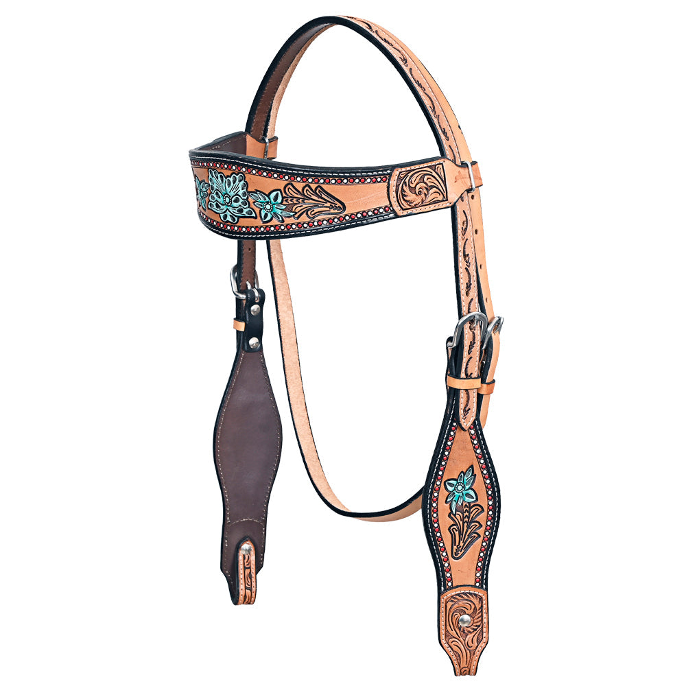 HILASON Western Horse Floral Headstall Breast Collar Set American Leather Tan with Turquoise | Tack for Horses