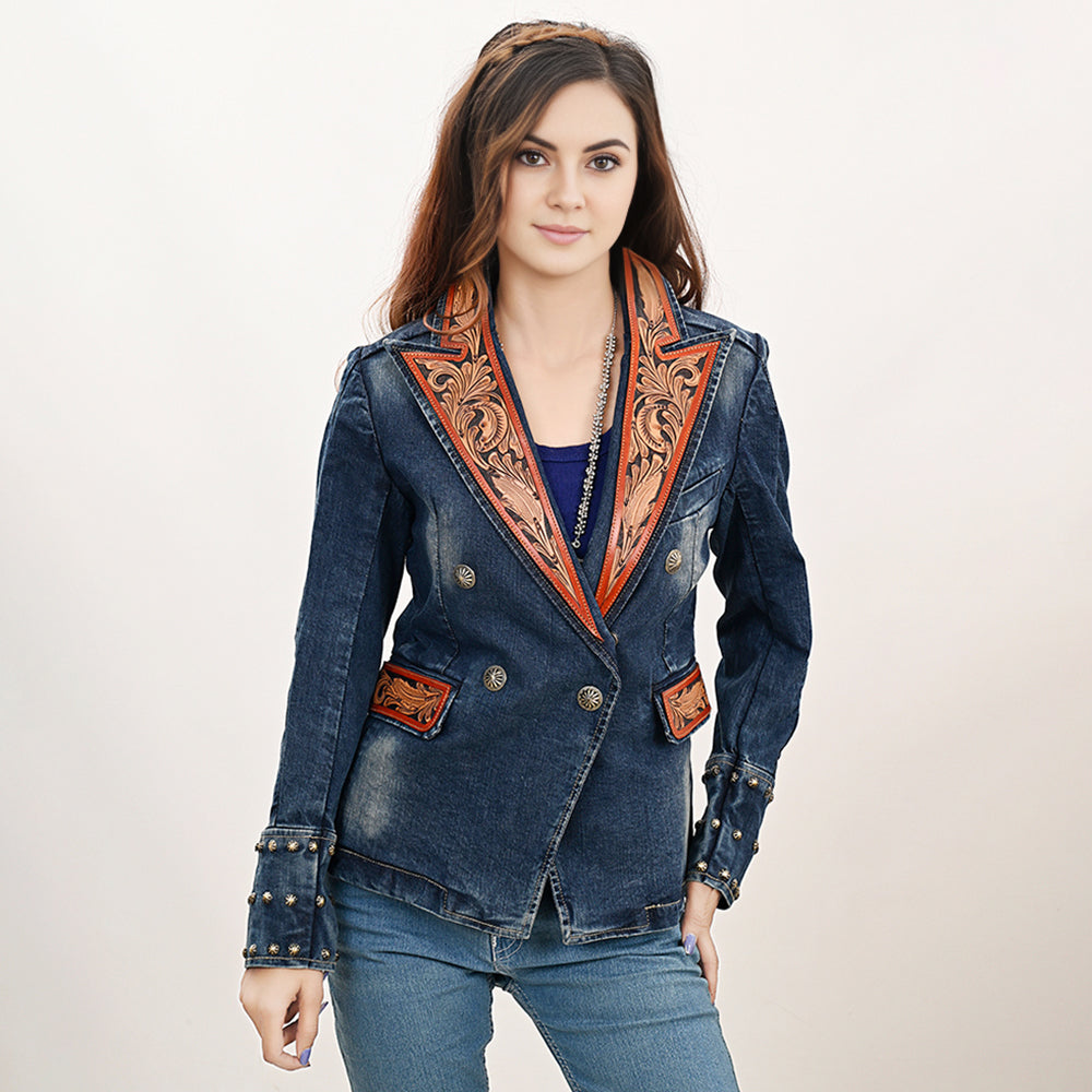 Genuine leather Hand tooled hand carved Women 100% cotton Denim Blazer dress jacket