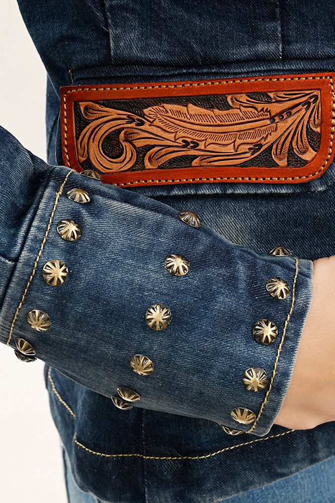 Genuine leather Hand tooled hand carved Women 100% cotton Denim Blazer dress jacket