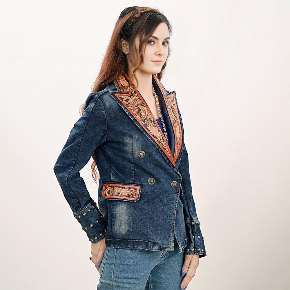 Genuine leather Hand tooled hand carved Women 100% cotton Denim Blazer dress jacket