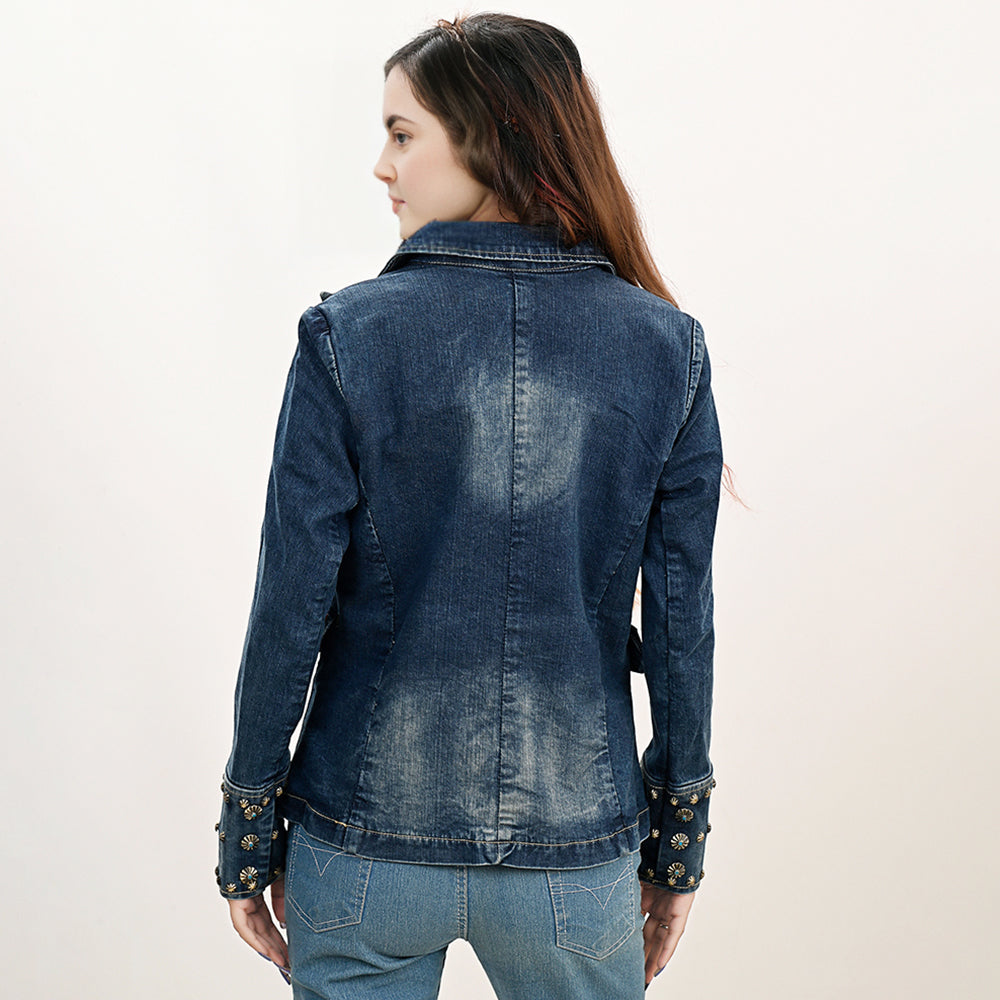 Genuine leather Hand tooled hand carved Women 100% cotton Denim Blazer dress jacket