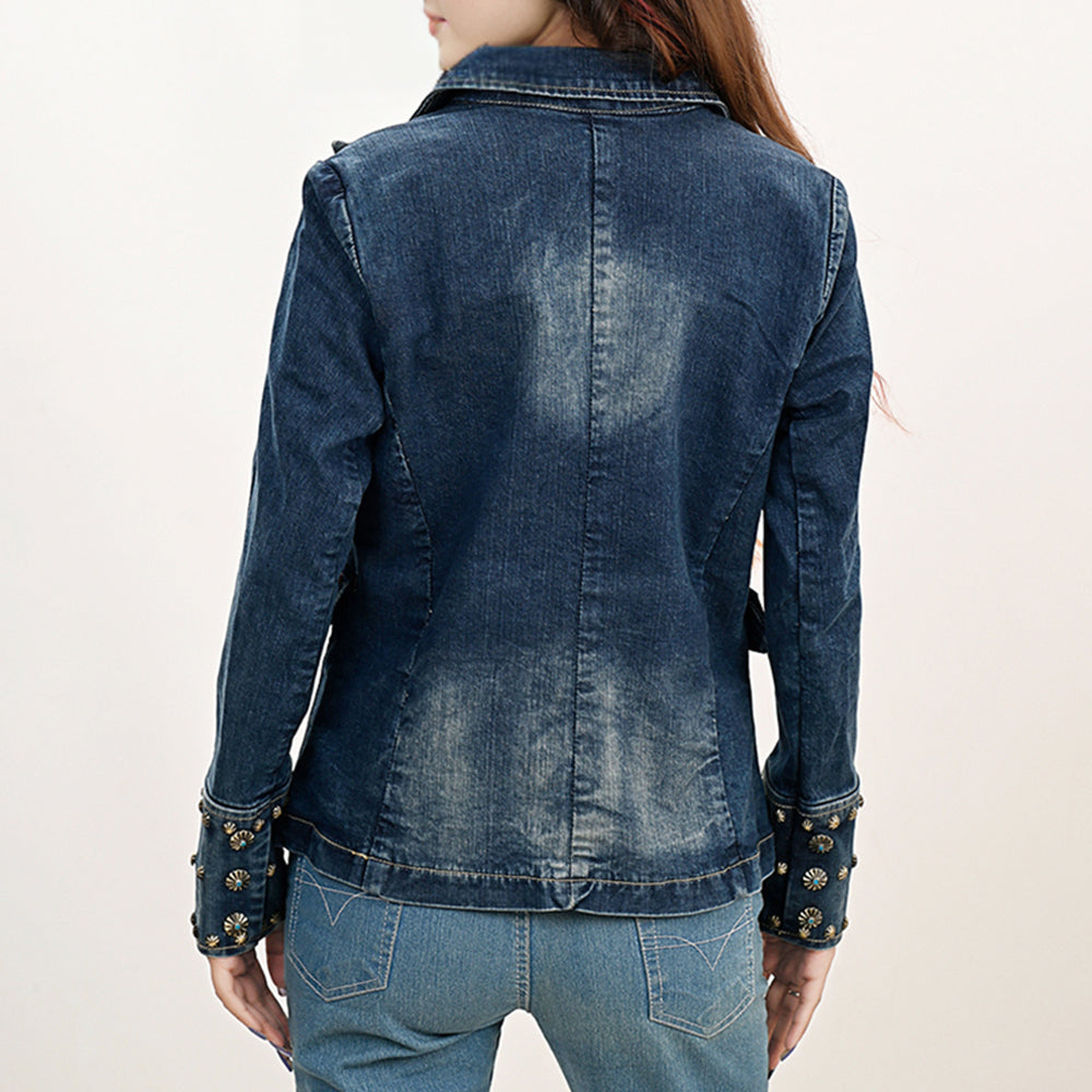 American Darling Genuine leather Hand tooled carved Women 100% cotton Denim Blazer dress jacket ladies |Vintage