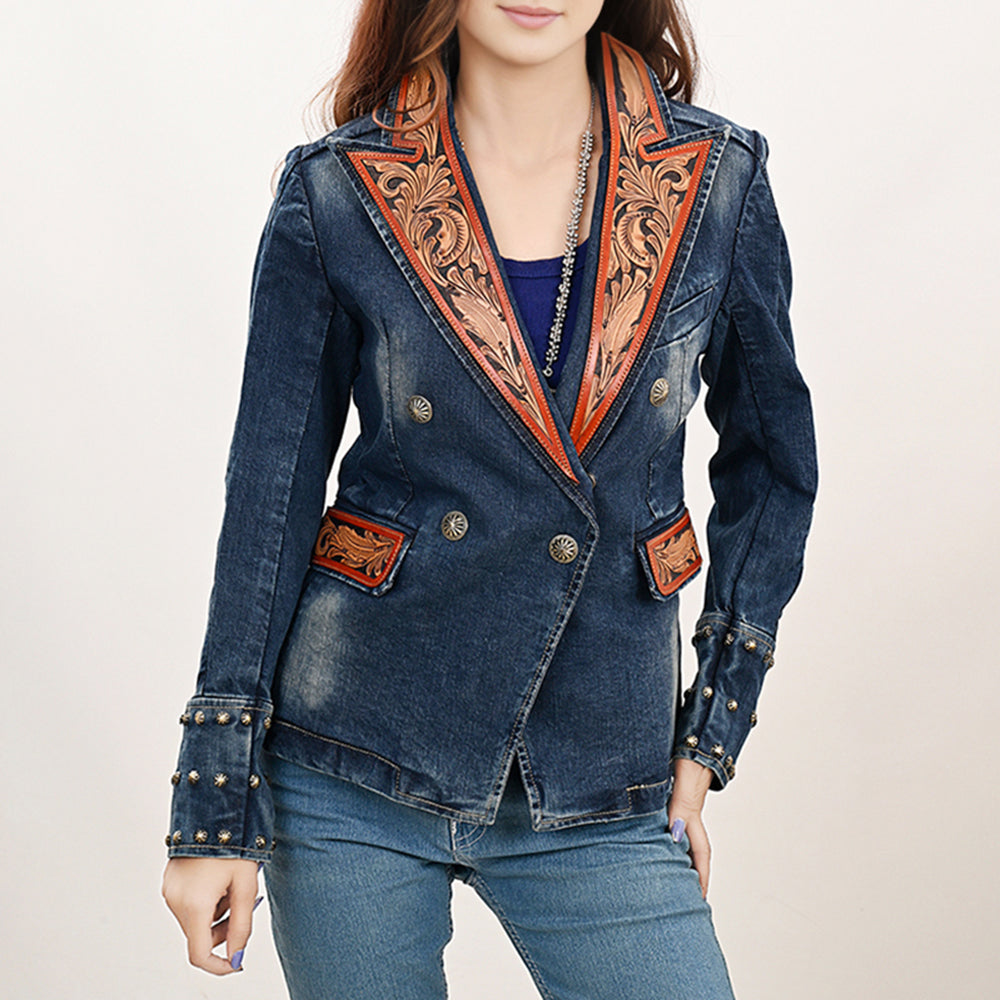 American Darling Genuine leather Hand tooled carved Women 100% cotton Denim Blazer dress jacket ladies |Vintage