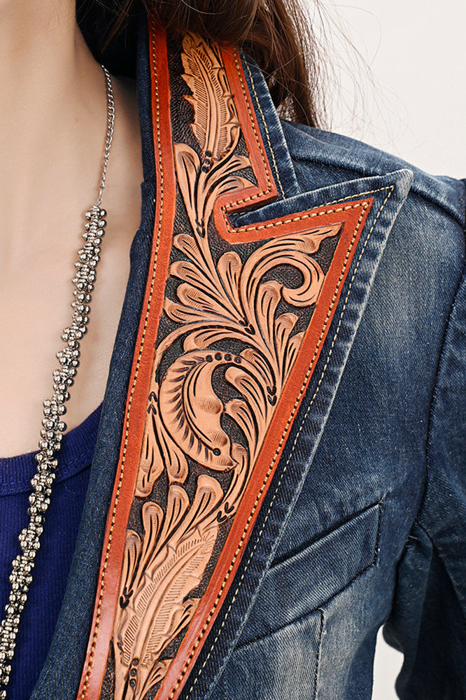 Genuine leather Hand tooled hand carved Women 100% cotton Denim Blazer dress jacket