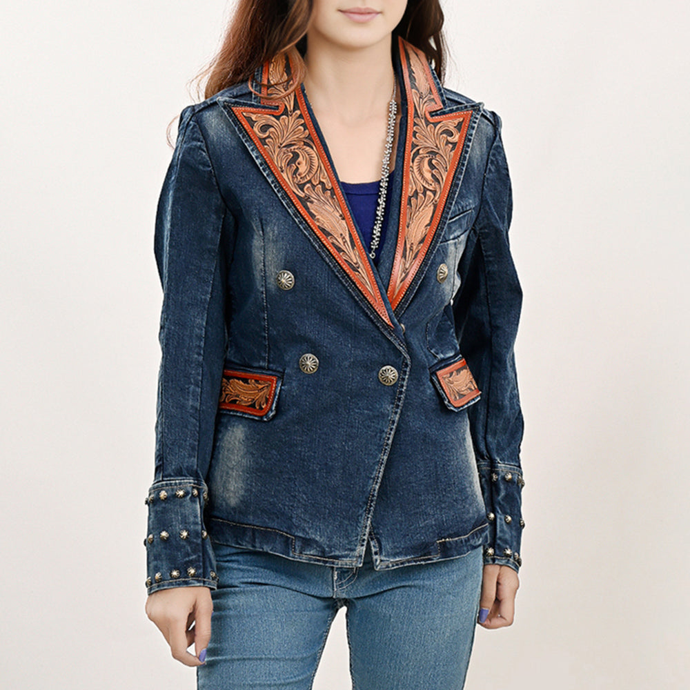 American Darling Genuine leather Hand tooled carved Women 100% cotton Denim Blazer dress jacket ladies |Vintage